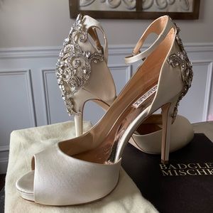 Badgley Mischka ivory embellished peep toe pumps with ankle strap